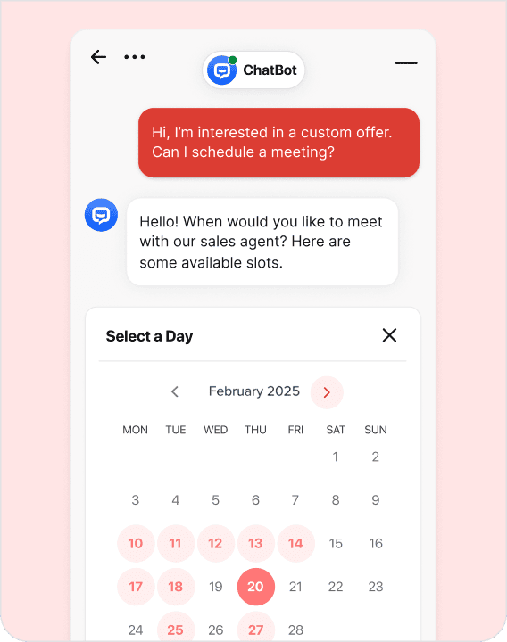 Sales chatbot scheduling interface showing calendar integration for automating sales meetings and follow ups with potential customers