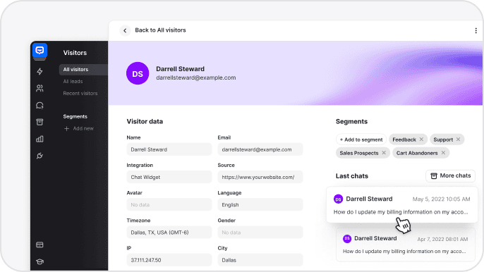 Website visitors tracking panel displaying customer information, customer queries and actionable insights for lead generation