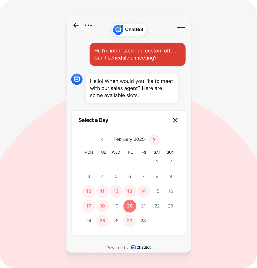 AI chatbot scheduling a sales meeting through an interactive calendar. Demonstrates conversational AI automating customer interactions, providing self-service options, and improving response accuracy with instant support.