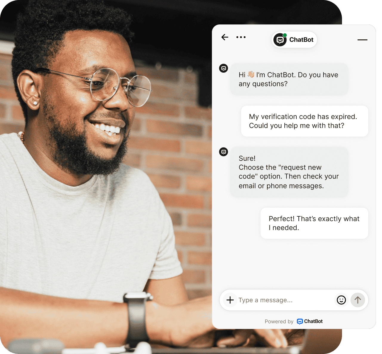 Smiling customer chatting with an AI-powered customer service chatbot on a laptop. The chatbot provides instant support and accurate answers to customer queries using conversational AI and machine learning. Demonstrates how AI customer service chatbots improve customer satisfaction, streamline support, and reduce repetitive tasks for human agents while ensuring consistent and accurate responses across multiple channels.