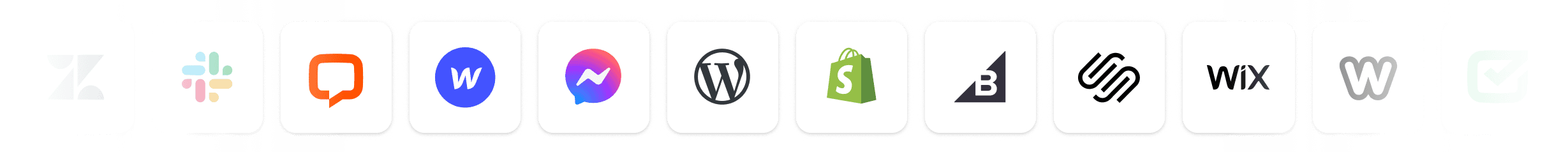 Logos of popular platforms integrated with AI customer service chatbots, including Slack, Facebook Messenger, WordPress, Shopify, BigCommerce, Squarespace, Wix, and Weebly — showcasing how AI-powered chatbots connect across multiple channels and messaging apps to improve customer support, streamline workflows, and enhance customer experience.