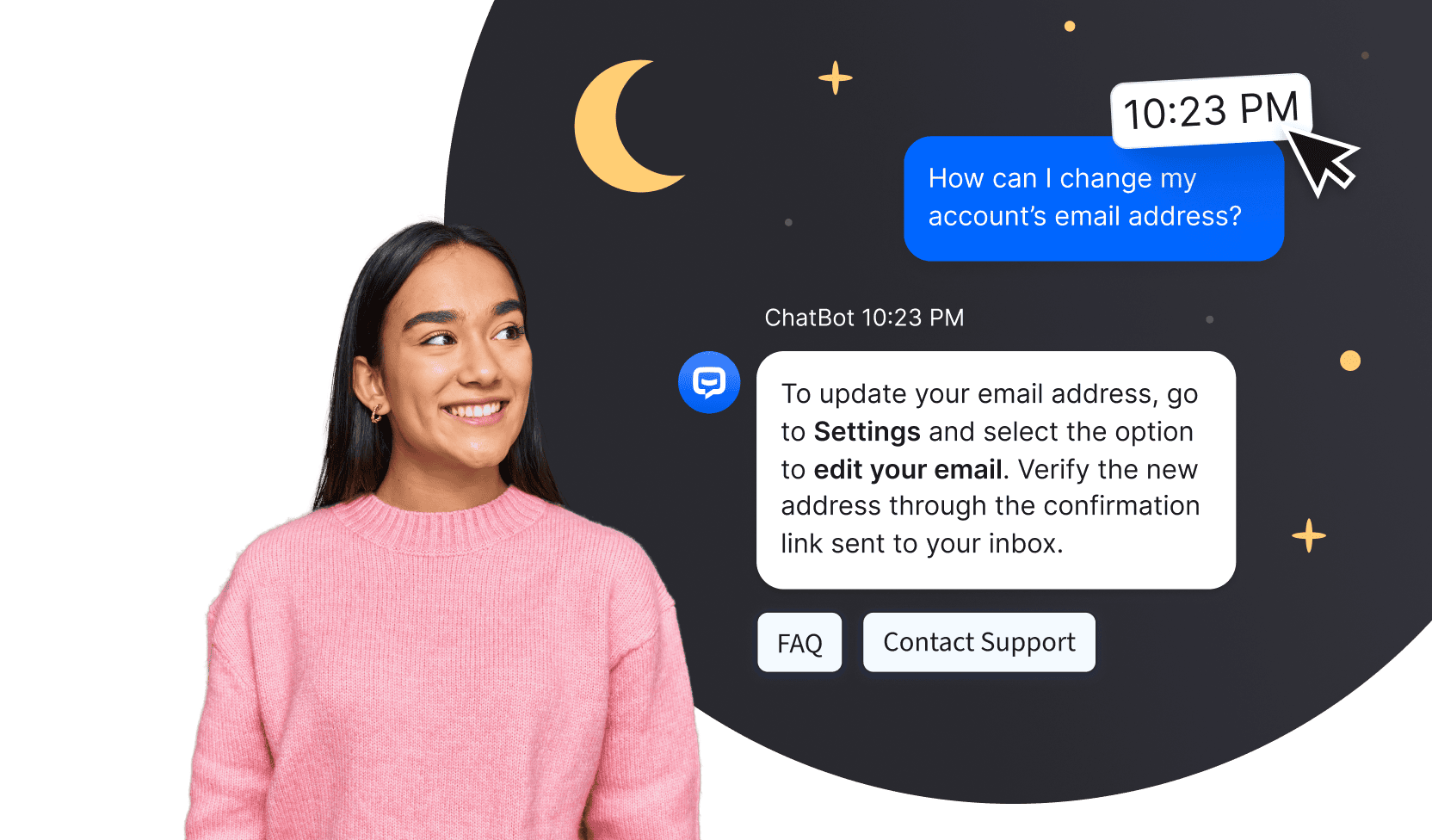 AI-powered customer service chatbot. Demonstrates how conversational AI provides instant answers, accurate responses, and self-service options that improve customer support, reduce repetitive tasks for human agents, and enhance customer satisfaction across multiple channels.