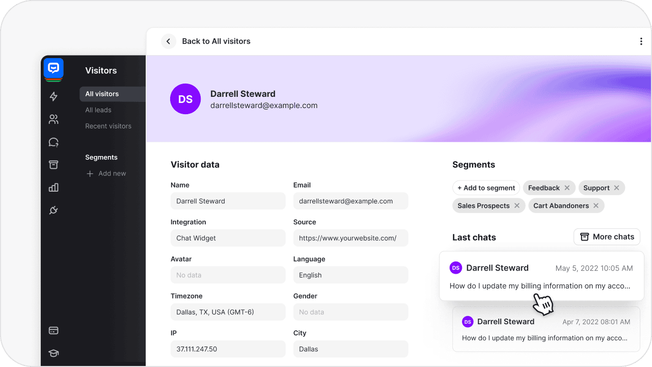 AI chatbot visitor management dashboard showing user details and chat history. Demonstrates how customer service chatbots collect and organize customer data to deliver accurate, personalized support and improve agent performance.