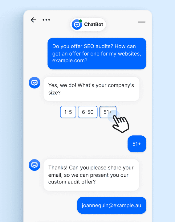 Customer chatting with an AI-powered chatbot to request an SEO audit offer. Depicts how AI customer service chatbots collect customer data, qualify leads, and streamline support workflows through automated, accurate responses.