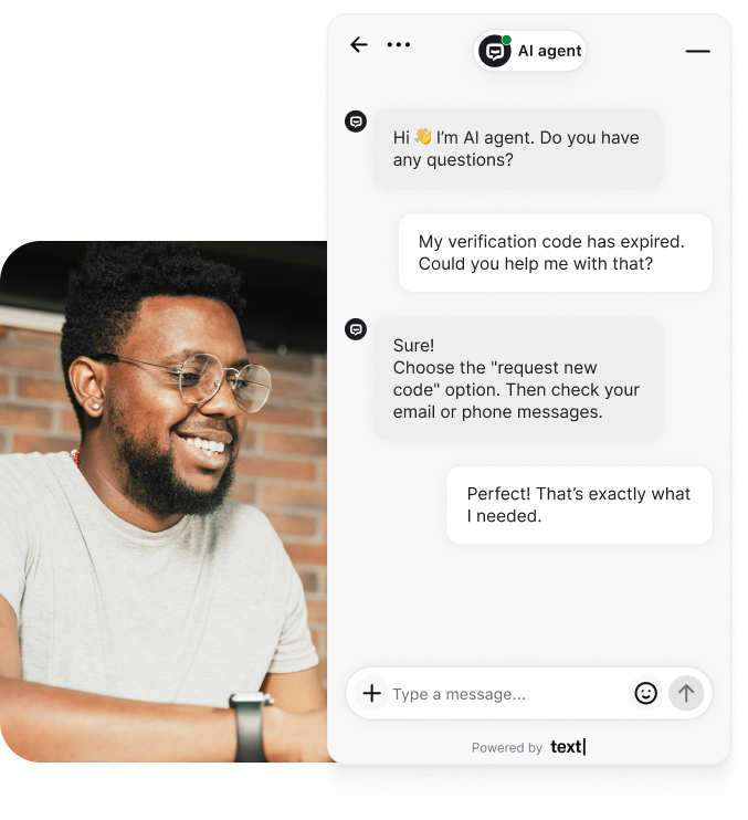 Smiling customer chatting with an AI-powered customer service chatbot on a laptop. The chatbot provides instant support and accurate answers to customer queries using conversational AI and machine learning. Demonstrates how AI customer service chatbots improve customer satisfaction, streamline support, and reduce repetitive tasks for human agents while ensuring consistent and accurate responses across multiple channels.