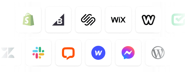 Logos of popular platforms integrated with AI customer service chatbots, including Slack, Facebook Messenger, WordPress, Shopify, BigCommerce, Squarespace, Wix, and Weebly — showcasing how AI-powered chatbots connect across multiple channels and messaging apps to improve customer support, streamline workflows, and enhance customer experience.