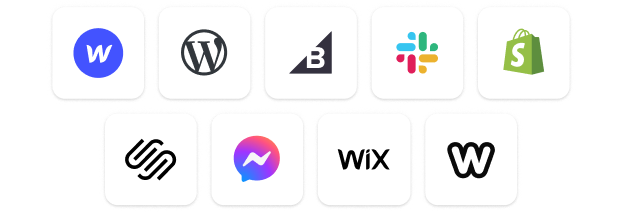 Logos of popular platforms integrated with AI customer service chatbots, including Slack, Facebook Messenger, WordPress, Shopify, BigCommerce, Squarespace, Wix, and Weebly — showcasing how AI-powered chatbots connect across multiple channels and messaging apps to improve customer support, streamline workflows, and enhance customer experience.