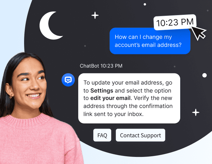 AI-powered customer service chatbot. Demonstrates how conversational AI provides instant answers, accurate responses, and self-service options that improve customer support, reduce repetitive tasks for human agents, and enhance customer satisfaction across multiple channels.