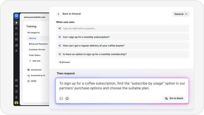 AI-powered customer service chatbot training interface showing automated responses and keyword phrases. Demonstrates how conversational AI and machine learning streamline customer support, handle repetitive tasks, and improve response accuracy for complex queries.