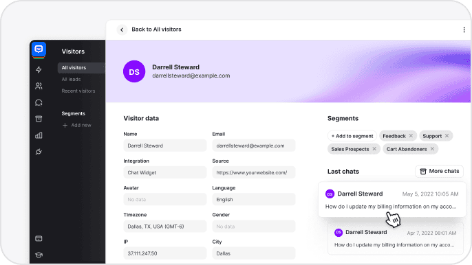 AI chatbot visitor management dashboard showing user details and chat history. Demonstrates how customer service chatbots collect and organize customer data to deliver accurate, personalized support and improve agent performance.
