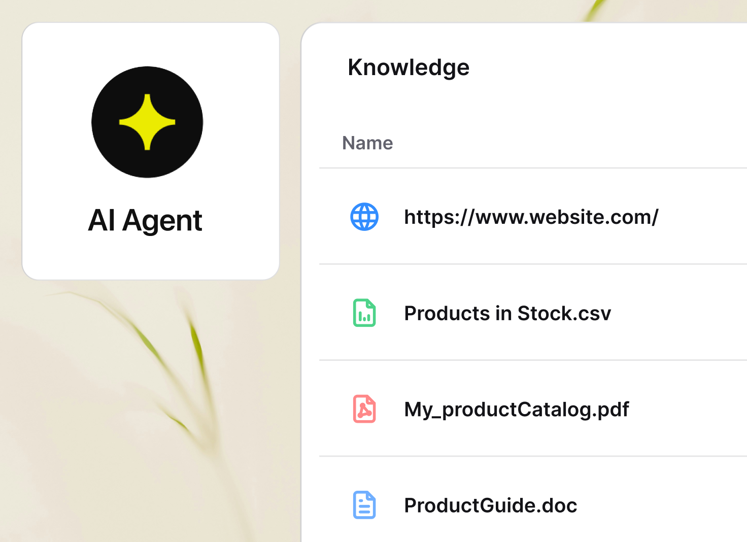 AI agent knowledge sources include a website, product stock file, catalog, and product guide.