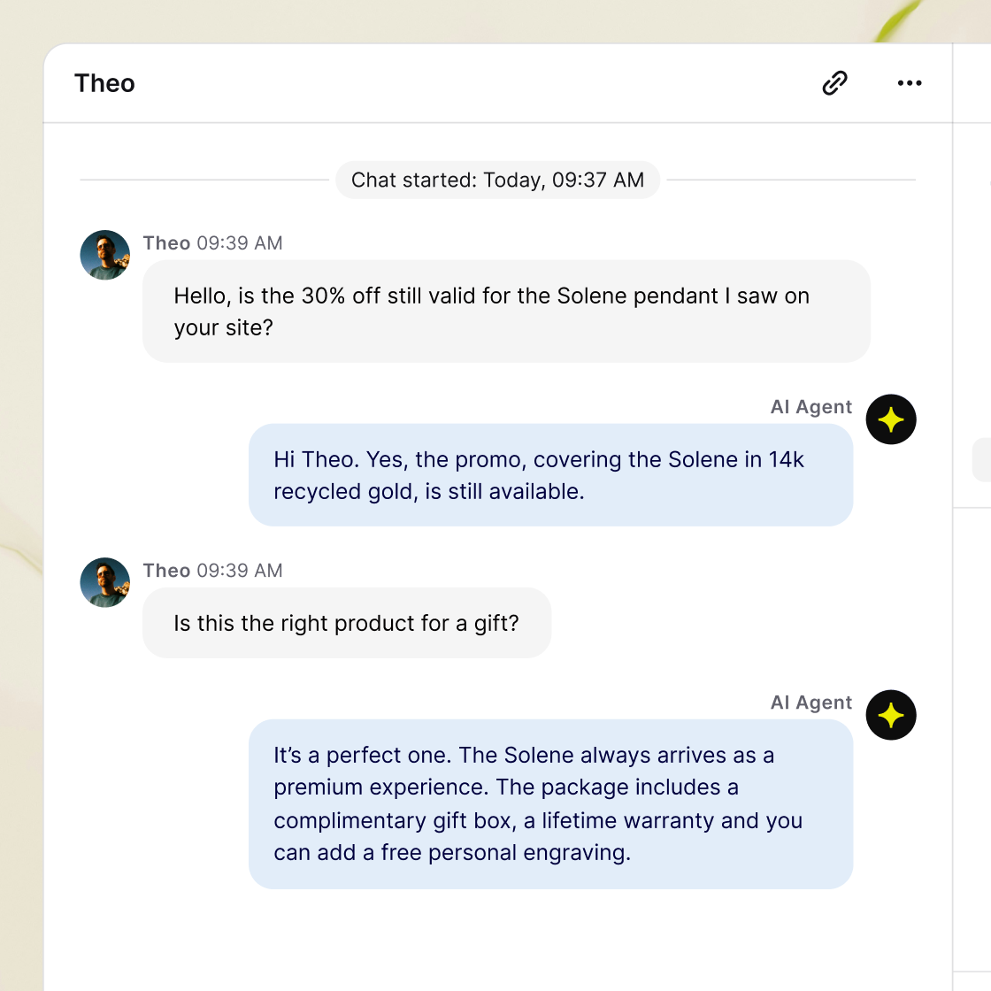 An AI agent answers a customer’s questions about a pendant promotion and gift options.