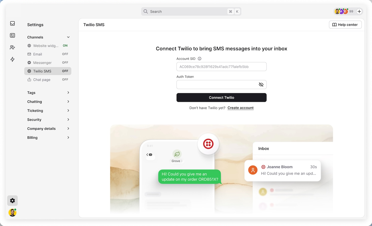 Twilio SMS settings in Text with fields for the Account SID and Auth token