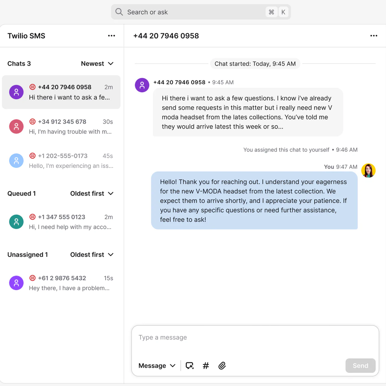 SMS conversation from a Twilio number handled in the Text inbox, with the sender's phone number and chat details in view